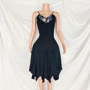 90s vintage feminine boho-chic navy black handkerchief-hem slip midi dress